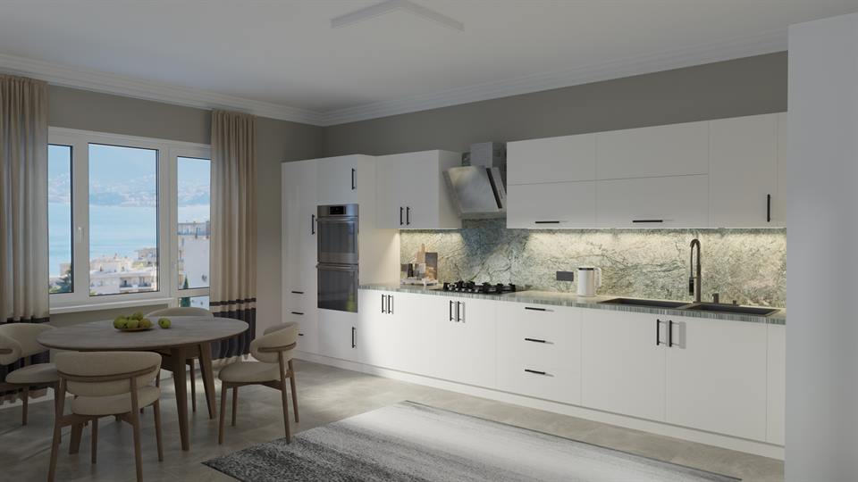 Kitchenix render: beyaz dolaplı mutfak, yeşil mermer tezgah, ankastre fırın ve yemek masası