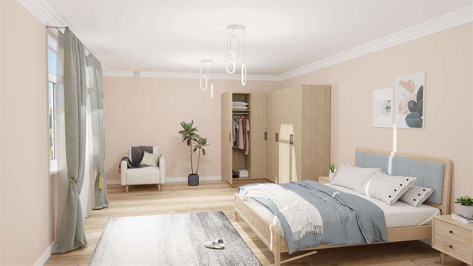 Kitchenix render: açık kapılı ahşap gardırop, yatak ve pembe tonlu yatak odası