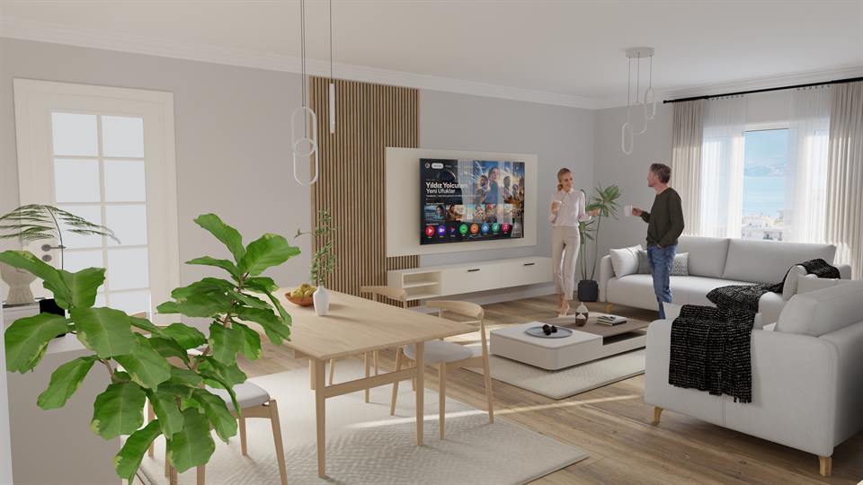 Kitchenix render: ahşap çıtalı TV duvarı, yemek masası ve açık renk oturma odası