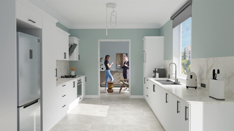 Kitchenix render: mint duvarlı mutfak, ankastre buzdolabı, mermer tezgah ve evye