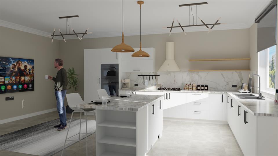 Kitchenix render: açık raflı ada mutfak, beyaz davlumbaz, mermer tezgah ve TV duvarı